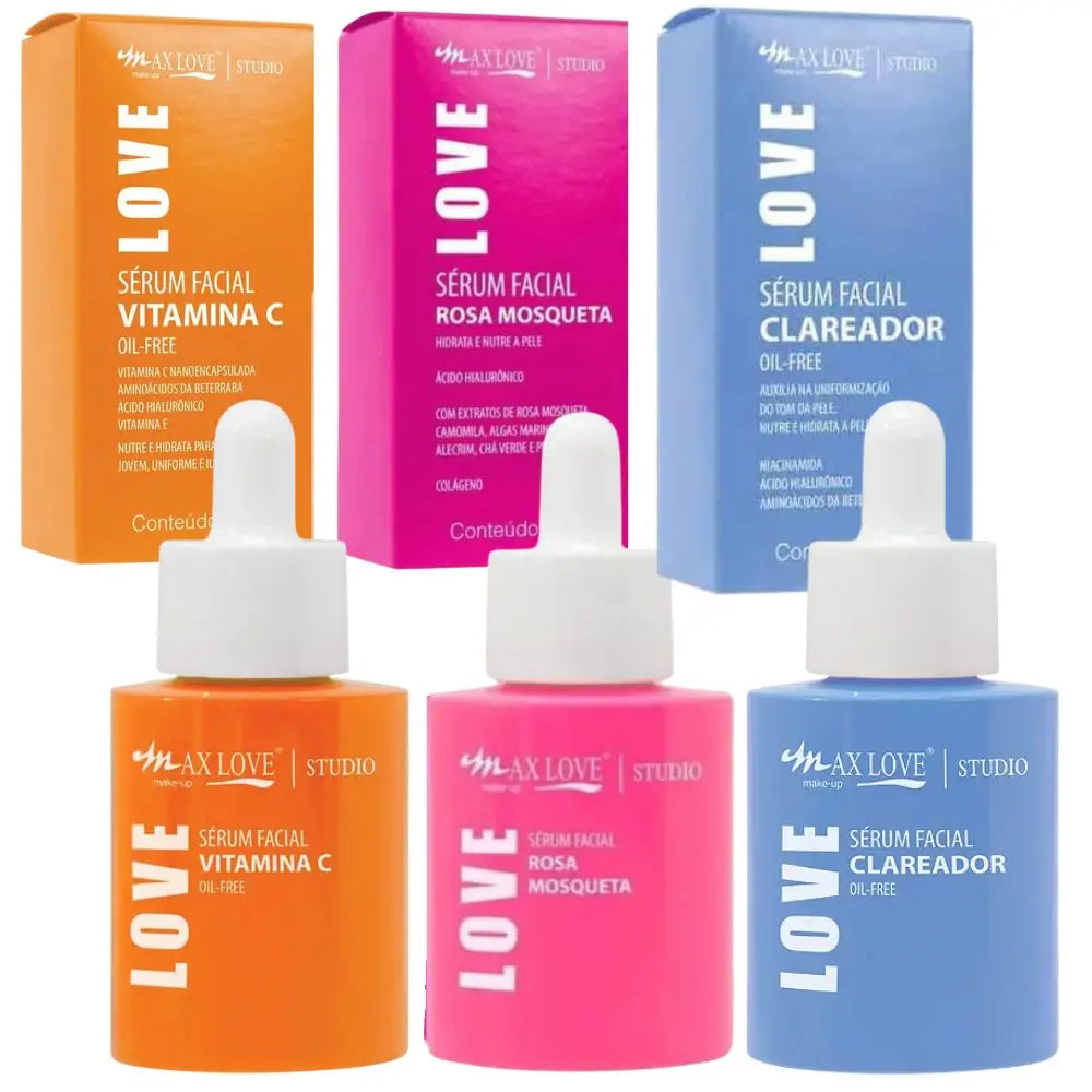 Kit com 3 Séruns Faciais Max Love Rosa Mosqueta + Vitamina C + Clareador