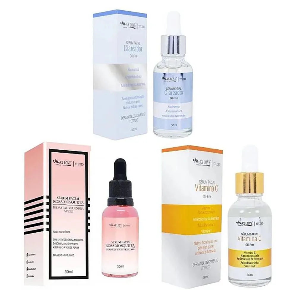 Kit com 3 Séruns Faciais Max Love Rosa Mosqueta + Vitamina C + Clareador