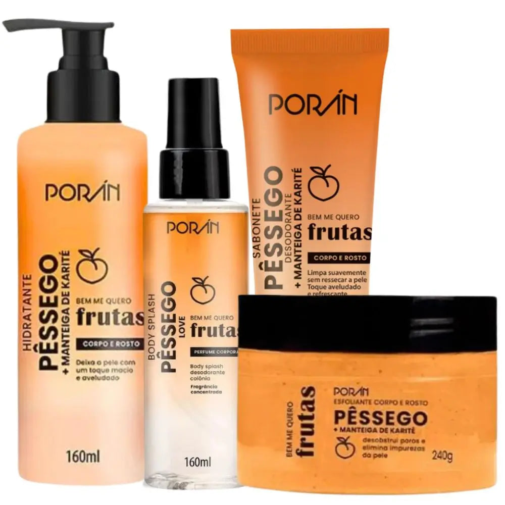 Kit Completo com 4 Itens de Cuidados para Corpo e Rosto Pêssego Porán