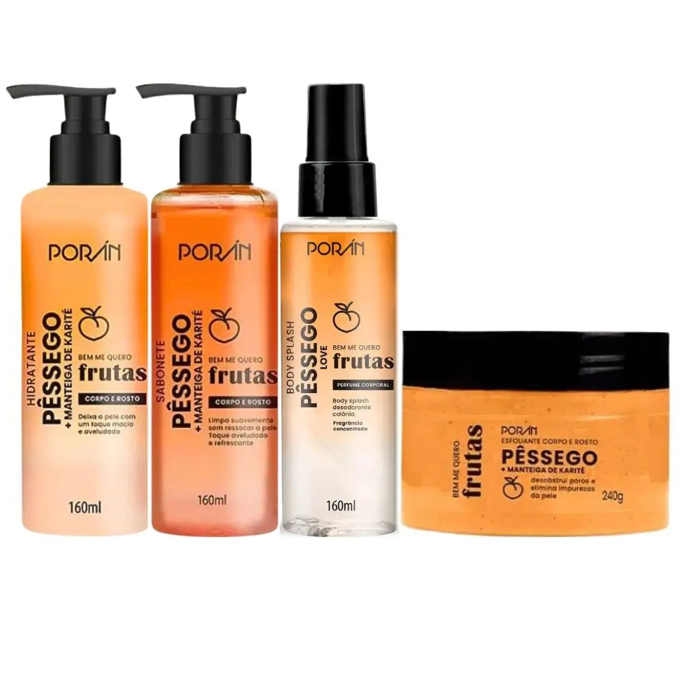 Kit Completo com 4 Itens de Cuidados para Corpo e Rosto Pêssego Porán